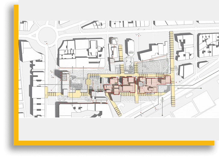 A map of the city with buildings and streets.